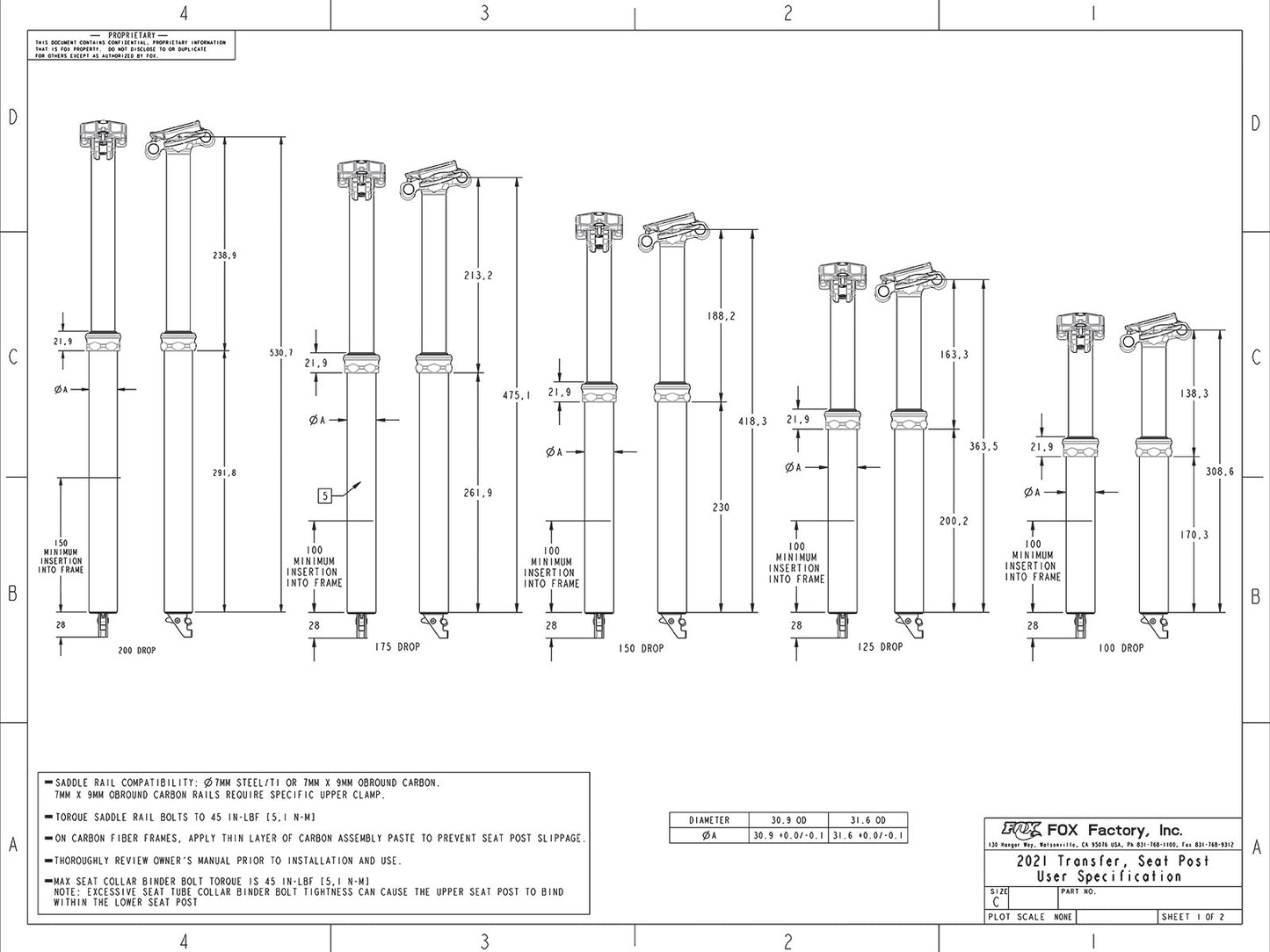 FOX Transfer Factory remote dropper seatpost 2023 internal routing 150mm ⌀31,6mm 418mm